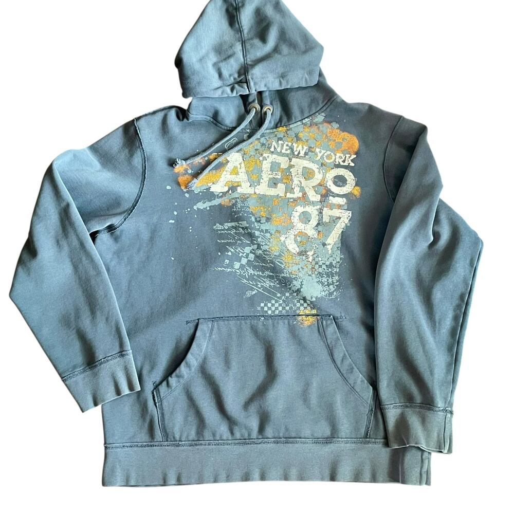 Aeropostale Hoodie Blue Graphic Sweatshirt Mens XL Kangaroo Pocket Pullover